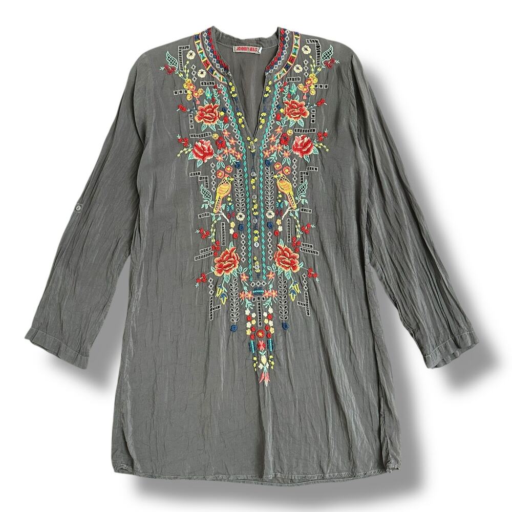 Johnny Was Women’s Tunic Top Small Slate Gray Embroidered Floral Boho Blouse